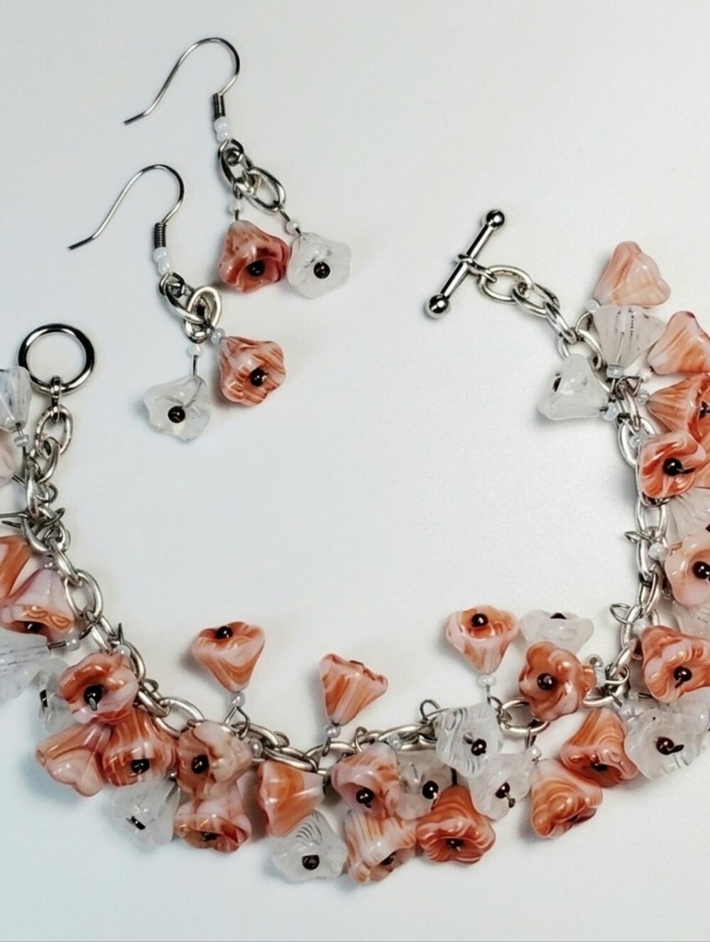 Bracelet 7" Beaded Charm Earrings Set Handmade Orange Czech Glass Flower Dangle